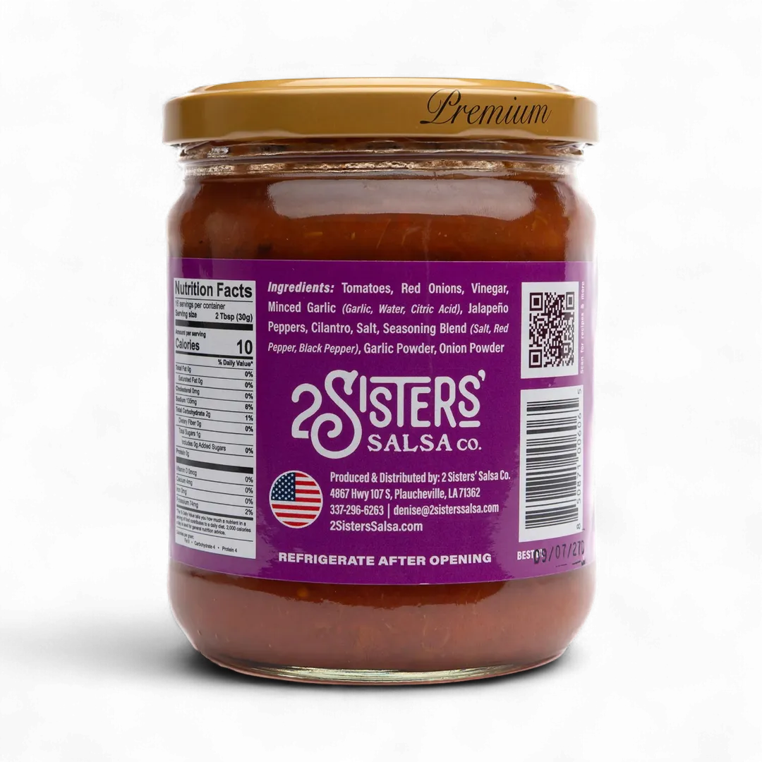 2 Sisters' Salsa –Fiesta  Clean Label, No Sugar Added – 16 oz
