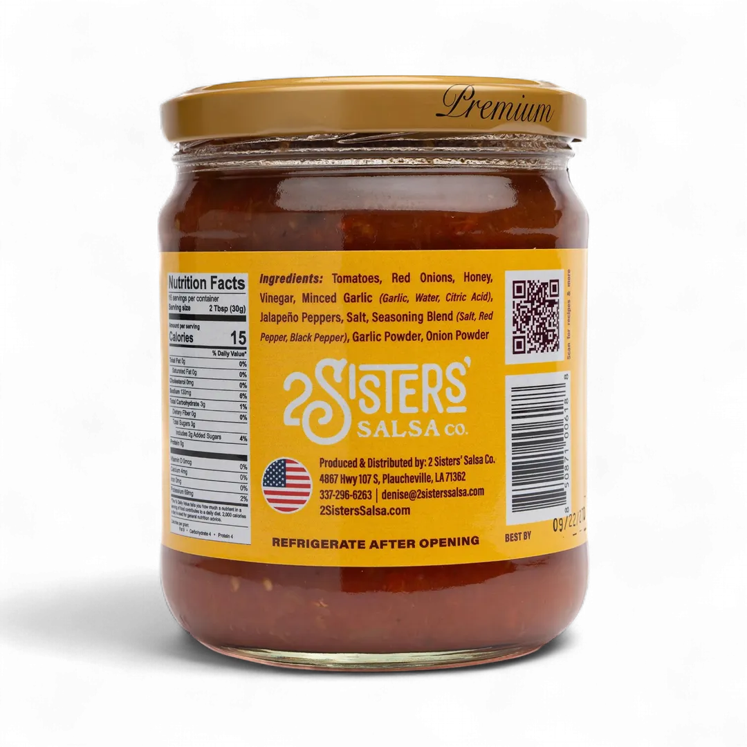 2 Sisters' Salsa –Honey Clean Label, No Sugar Added – 16 oz