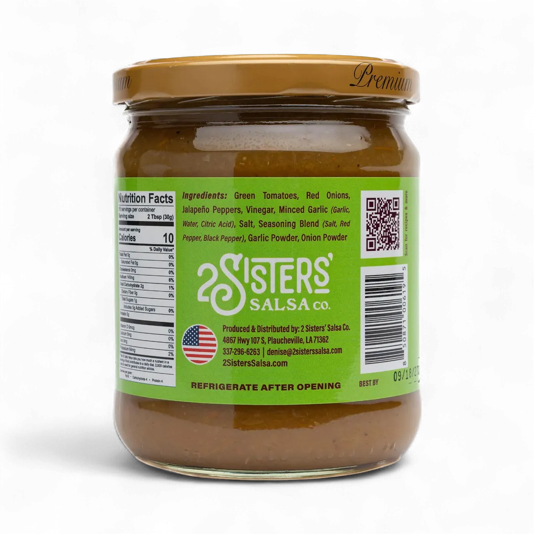 2 Sisters' Salsa –Verde  Clean Label, No Sugar Added – 16 oz