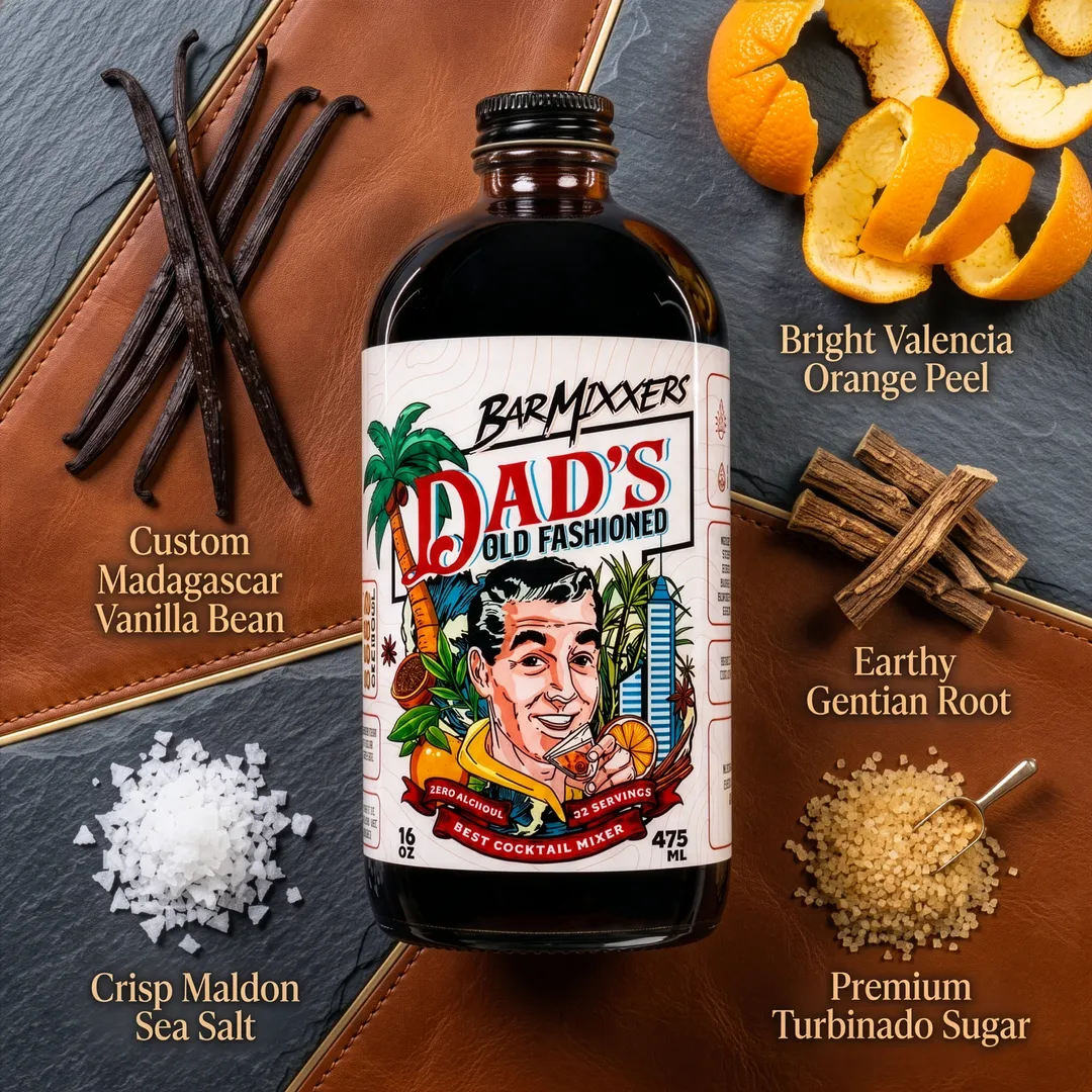 BarMixxers Premium Zero-Proof Dad’s Old Fashioned Mixer (16oz Glass Bottle) - 32-Serving Artisan Concentrate with Aromatic Bitters & Demerara