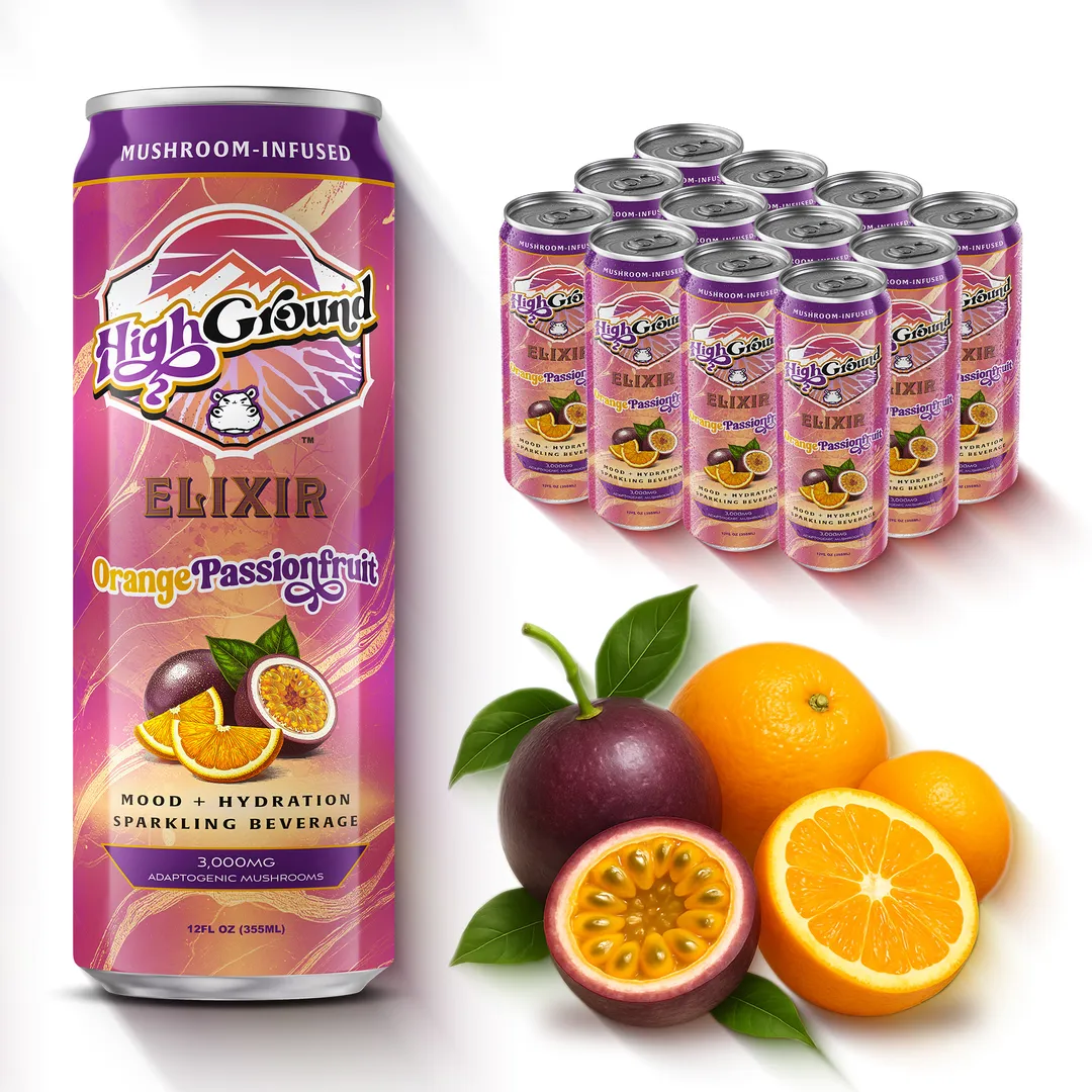 High Ground Elixir All Natural Mushroom Seltzer - Orange Passionfruit 12oz