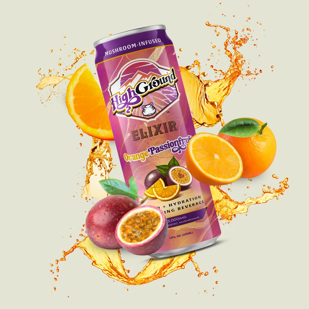 High Ground Elixir All Natural Mushroom Seltzer - Orange Passionfruit 12oz