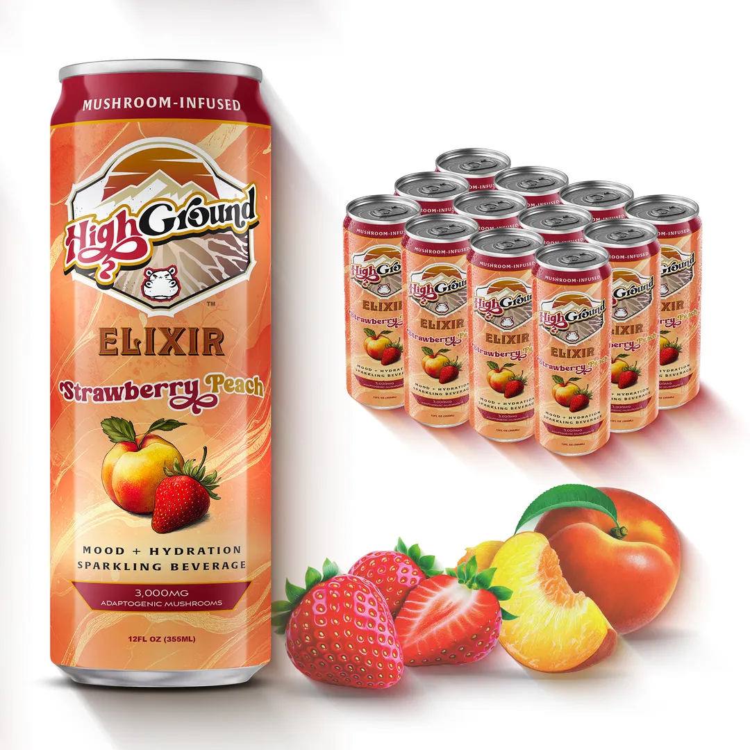High Ground Elixir All Natural Mushroom Seltzer - Strawberry Peach 12oz