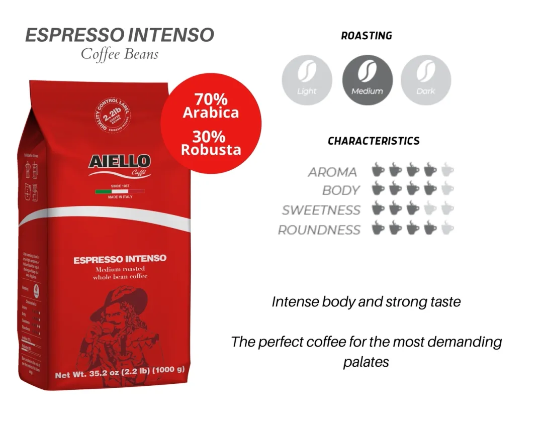 Aiello Caffe Intenso Espresso Coffee Beans - 2.2 lb Bag