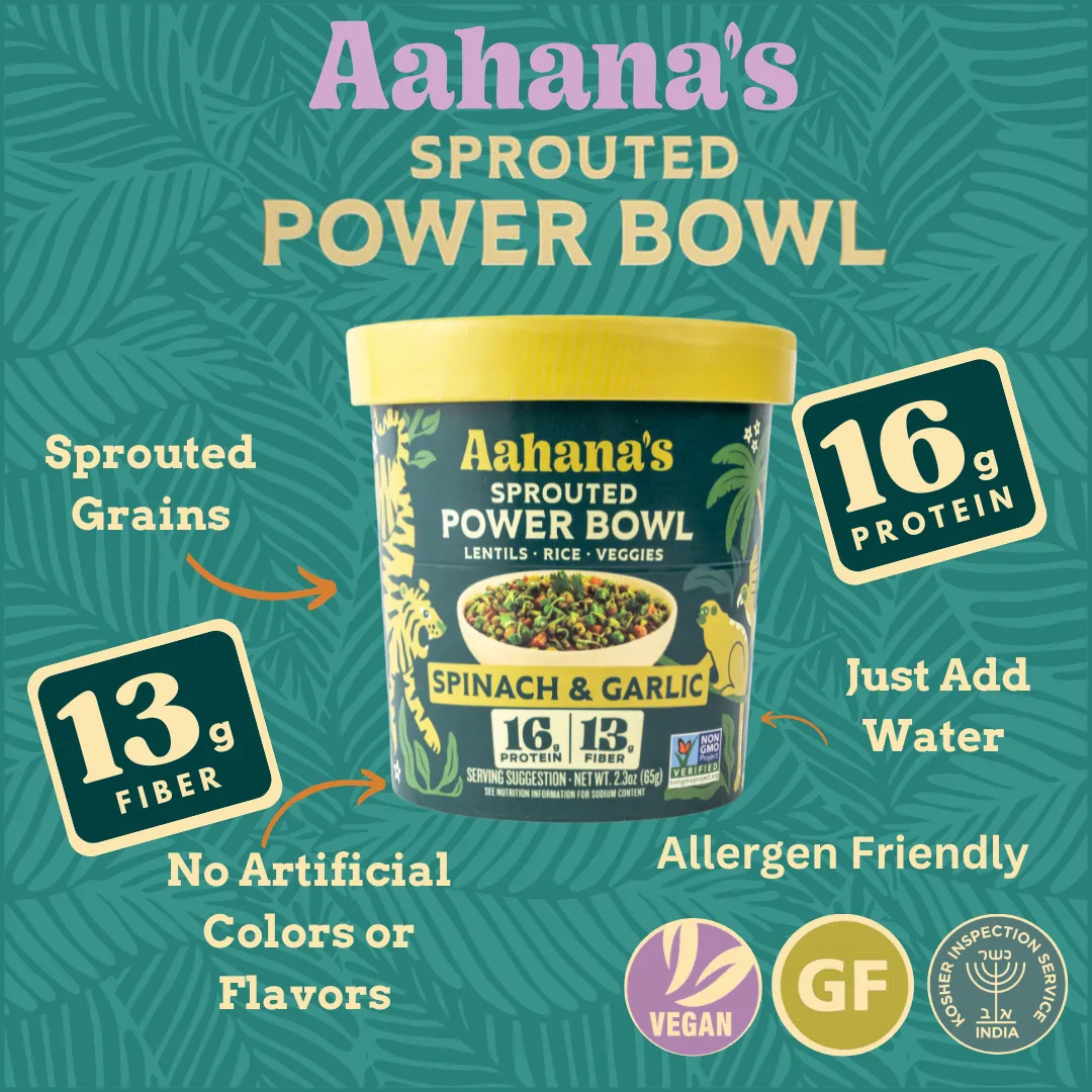 Aahana’s Sprouted Power Bowl – Spinach & Garlic Gluten‑Free | High Protein | High Fiber | Oil‑Free | Sugar‑Free | Vegan | Plant‑Based | Shelf‑Stable | Ready‑to‑Eat (6 Pack)