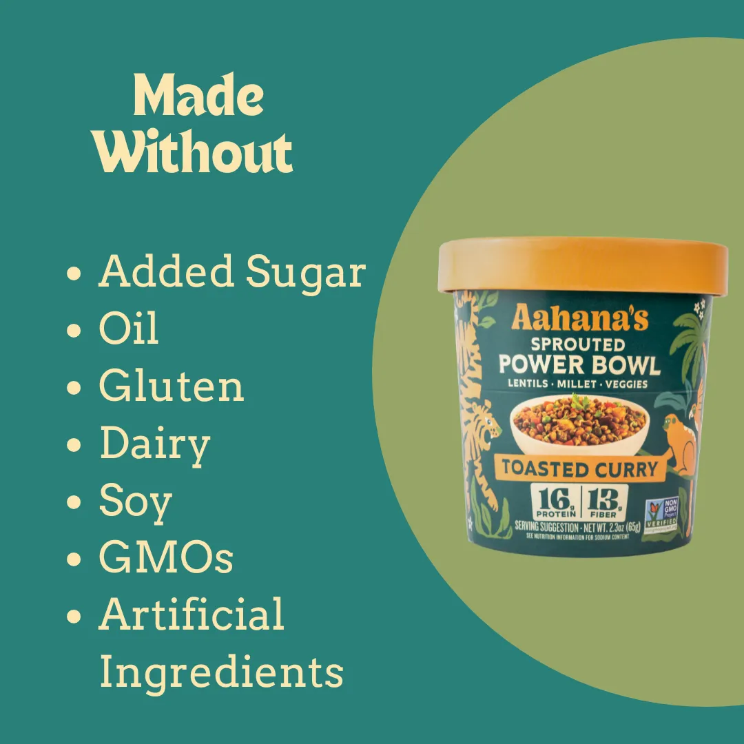 Aahana’s Sprouted Power Bowl - Toasted Curry Gluten‑Free | High Protein | High Fiber | Oil‑Free | Sugar‑Free | Vegan | Plant‑Based | Shelf‑Stable | Ready‑to‑Eat (6 Pack)