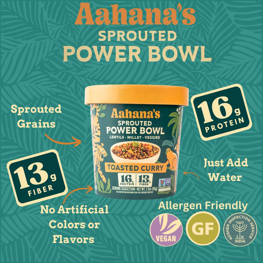 Aahana’s Sprouted Power Bowl - Toasted Curry Gluten‑Free | High Protein | High Fiber | Oil‑Free | Sugar‑Free | Vegan | Plant‑Based | Shelf‑Stable | Ready‑to‑Eat (6 Pack)