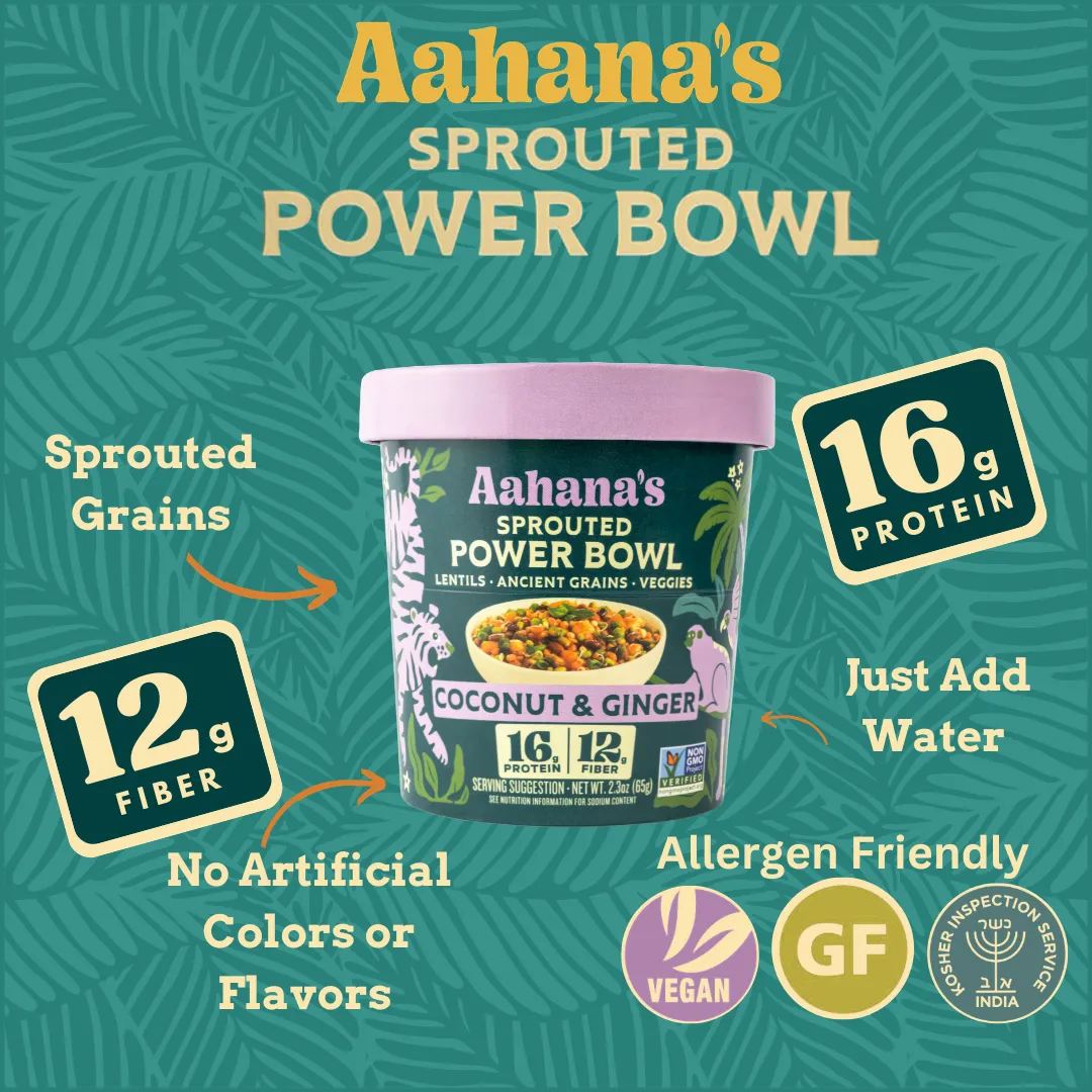 Aahana’s Sprouted Power Bowl - Coconut & Ginger Gluten‑Free | High Protein | High Fiber | Oil‑Free | Sugar‑Free | Vegan | Plant‑Based | Shelf‑Stable | Ready‑to‑Eat (6 Pack)