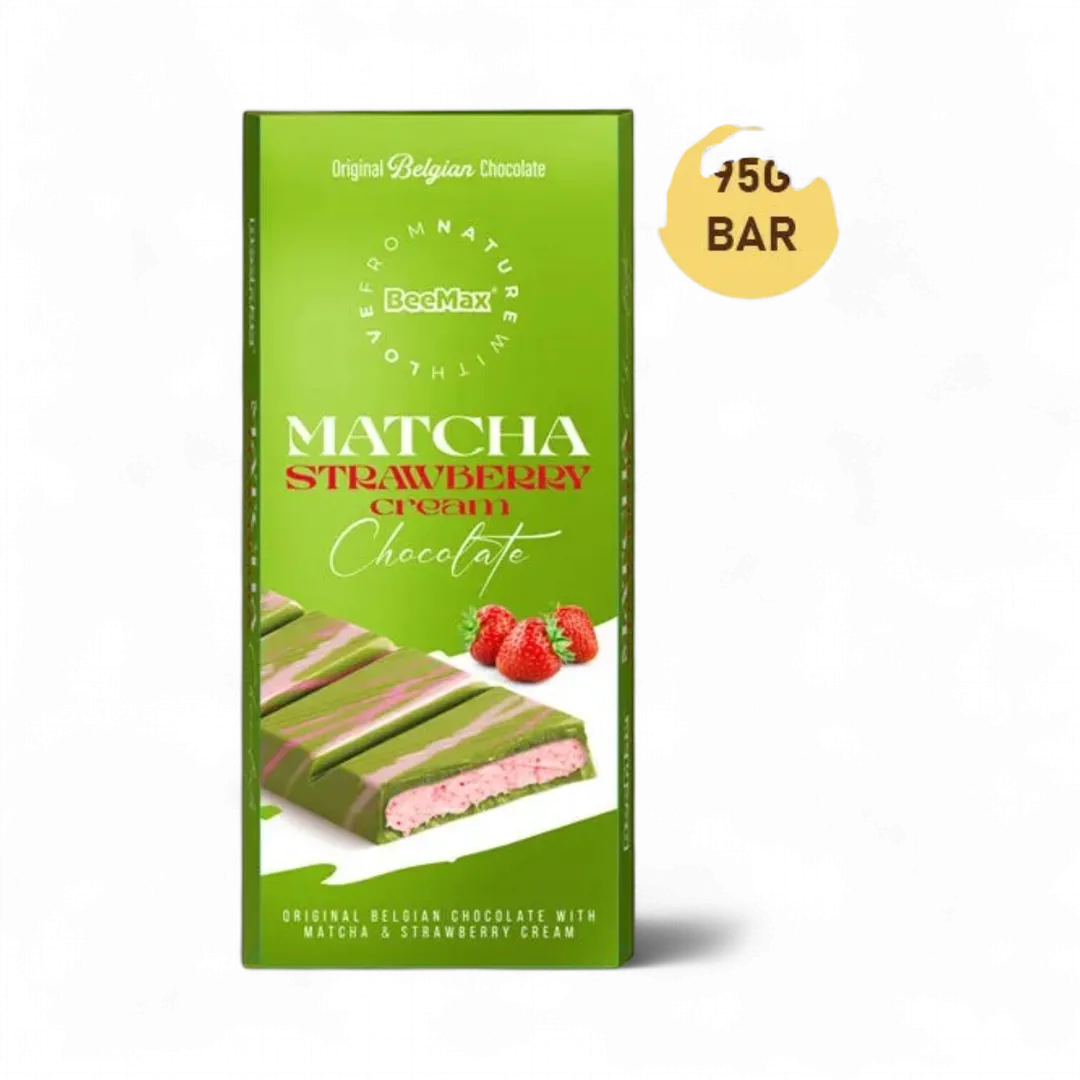 Beemax Matcha Flavoured Belgian Chocolate with Strawberry Cheesecake (95g Bar)