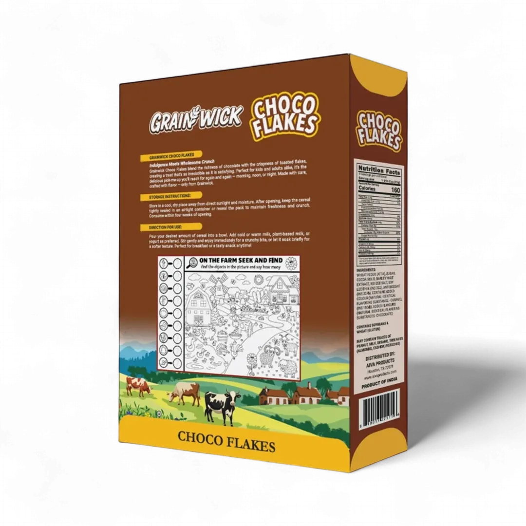 Aiva Choco Flakes Cereal Box – Crunchy Chocolate Coated Breakfast Flakes for Kids and Family Snacking