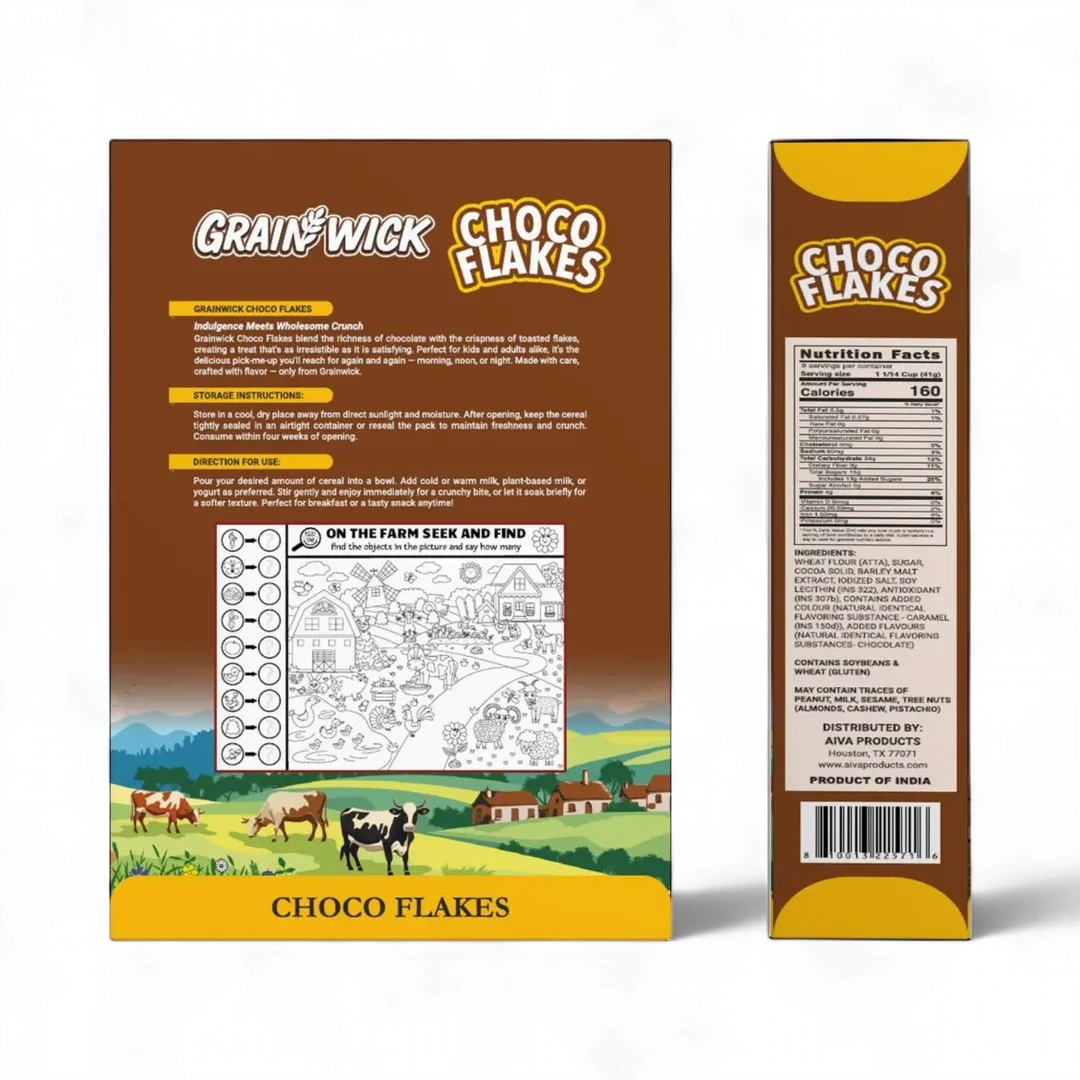 Aiva Choco Flakes Cereal Box – Crunchy Chocolate Coated Breakfast Flakes for Kids and Family Snacking