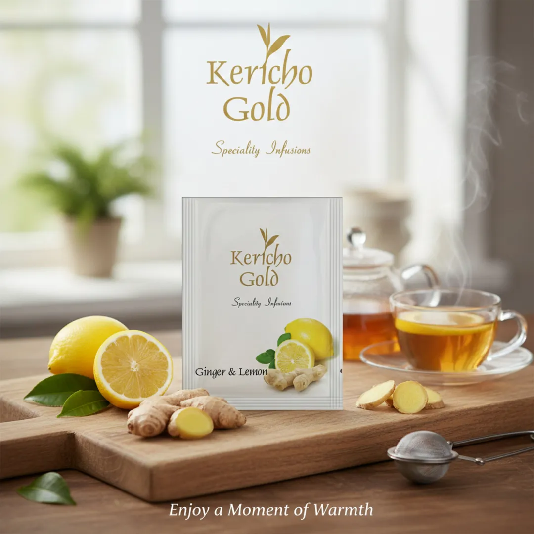Kericho Lemon Ginger Individually Wrapped Bags 1000 tea bags, Spicy Ginger, Lemon Peel, & Lemongrass for Food service