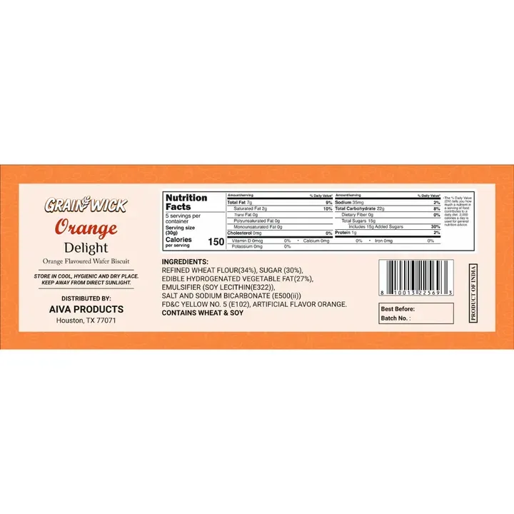 Aiva Orange Wafer – Crispy Layered Wafers | Sweet Orange Cream Filling | Snacking and Desserts | Variety Pack