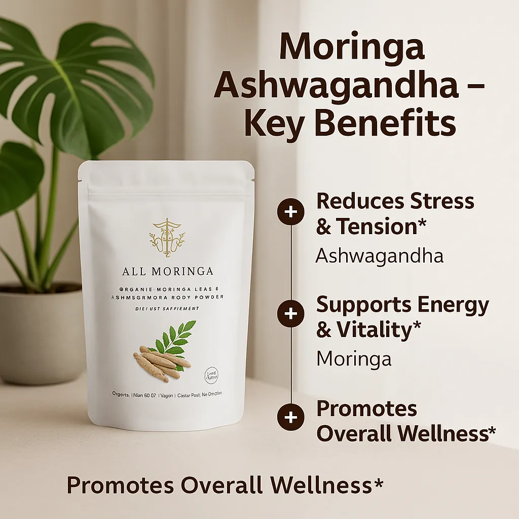 Organic Moringa & Ashwagandha Powder – Adaptogenic Superfood blend for Stress & Energy 4oz USDA Organic, Non-GMO