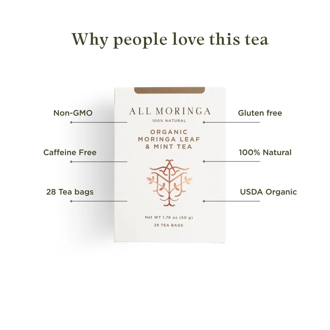 Premium Organic Moringa, Mint & Chamomile Superherbal Tea 28 Tea Bags, Caffeine-Free