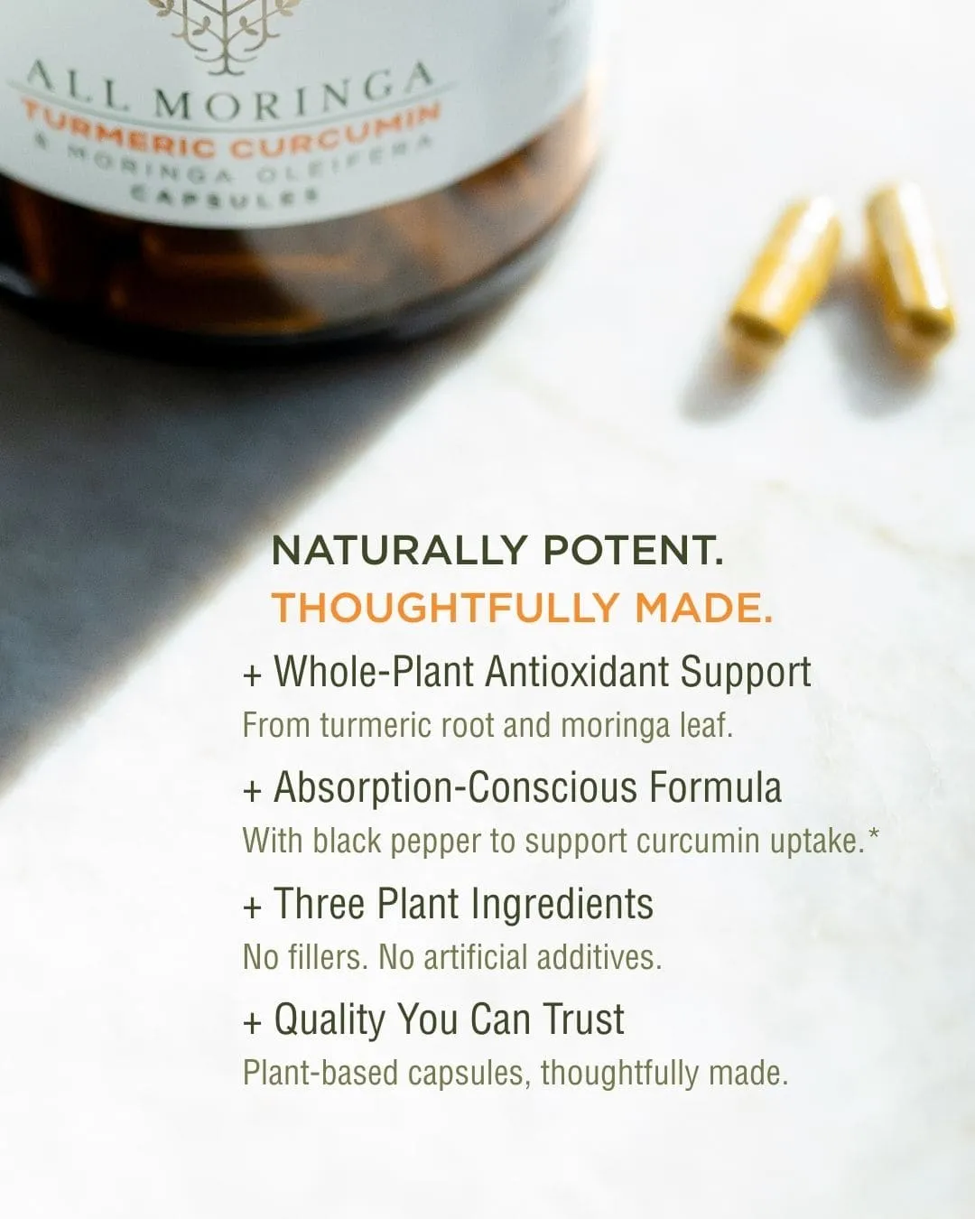 Premium Organic Turmeric Curcumin 95% Curcuminoids, Moringa Isothiocyanates & Black Pepper Piperine Extract, Vegan Capsules in a Glass Jar (Month Supply)
