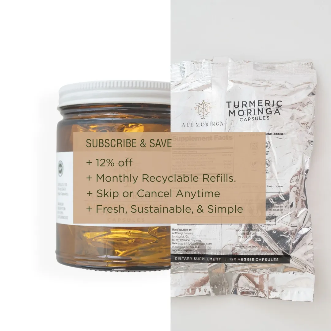 Premium Organic Turmeric Curcumin 95% Curcuminoids, Moringa Isothiocyanates & Black Pepper Piperine Extract, Vegan Capsules in a Glass Jar (Month Supply)