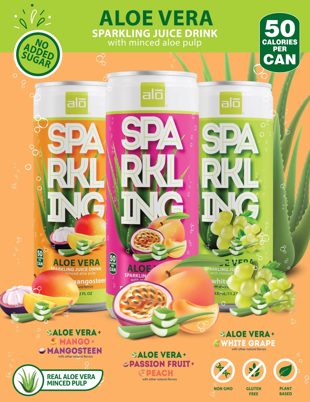 ALO Sparkling Passion Fruit & Peach Carbonated Aloe Vera Juice Drink | 330 ml, Pack of 12