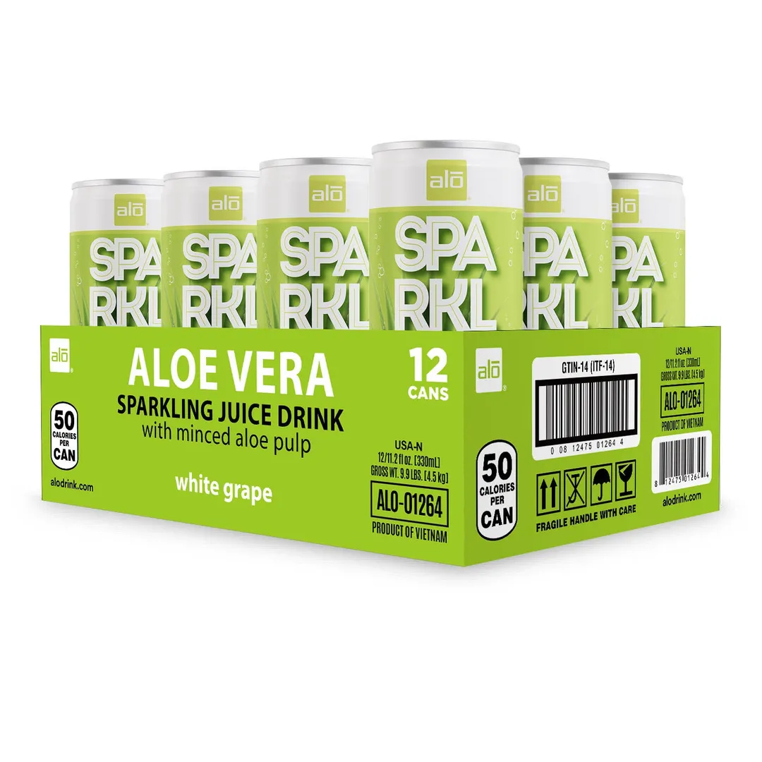 ALO Sparkling White Grape Carbonated Aloe Vera Juice Drink | 330ml, Pack of 12