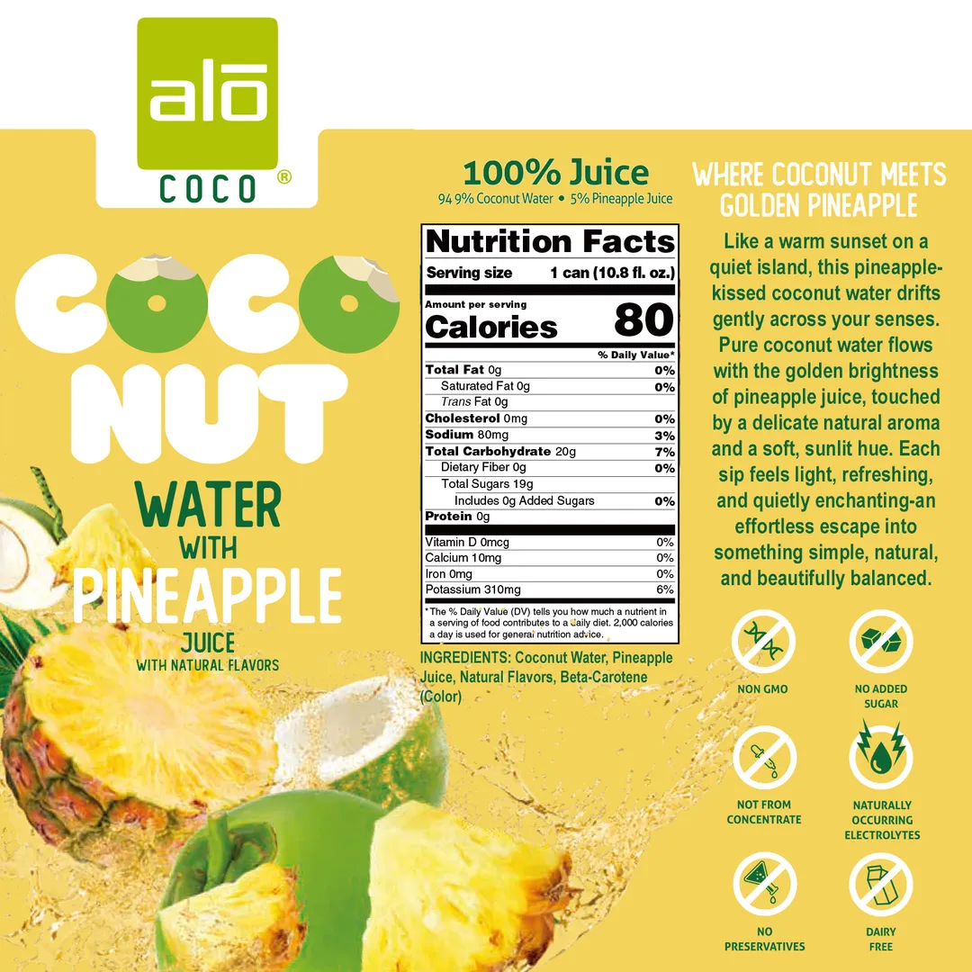 Coconut Water w/ Pineapple/100% Juice/12 pack of 10.8 FL OZ 