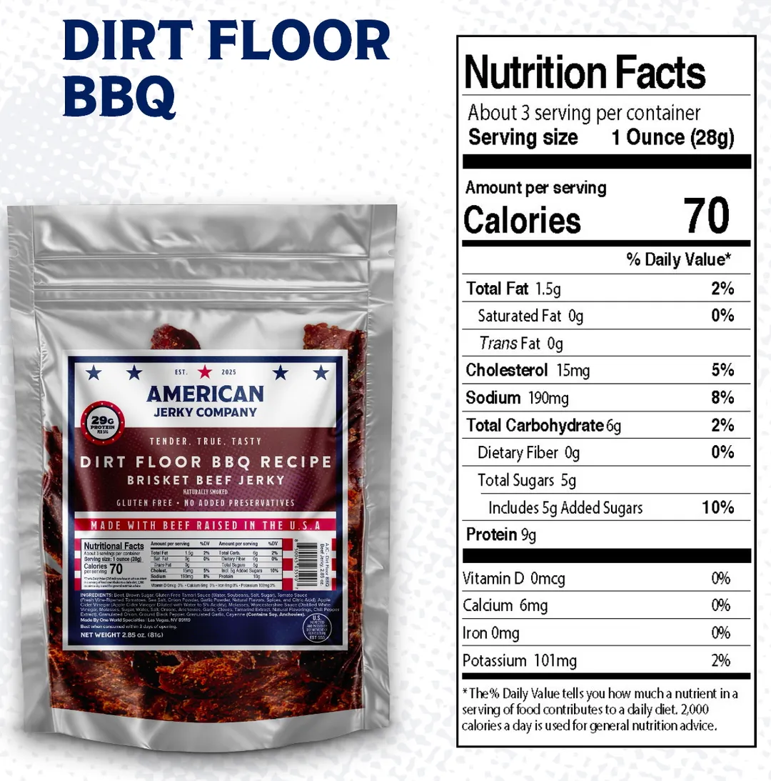 American Jerky Company – 2.85oz Dirt Floor BBQ Recipe Brisket Beef Jerky
