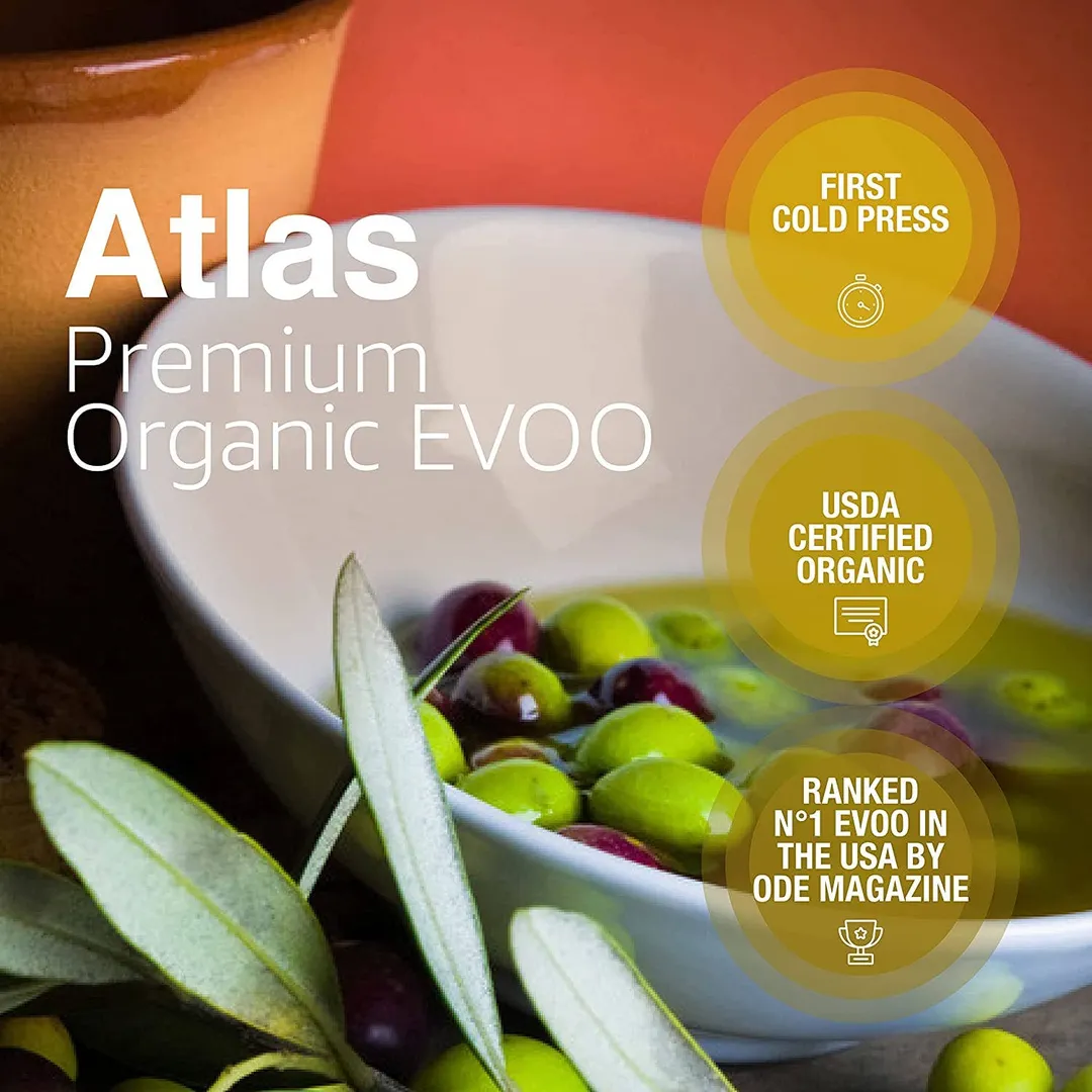 Atlas Organic Extra Virgin Olive Oil Glass bottle of 1 L (34 OZ) | Carbon Neutral | Low Acidity | Moroccan and Polyphenol Rich