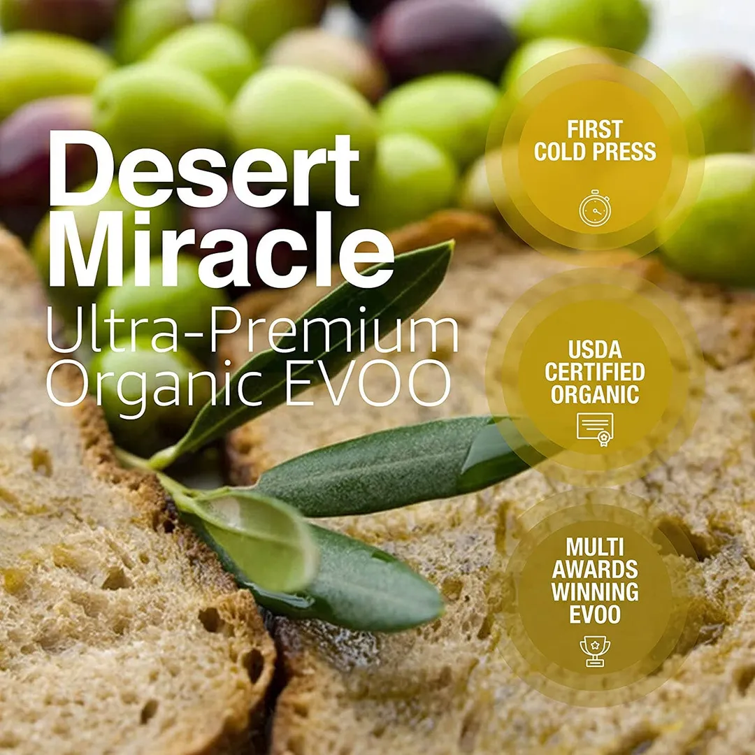 Desert Miracle Organic Extra Virgin Olive Oil | Glass Bottle | Moroccan and Polyphenol Rich - Carbon Neutral - Low Acidity - Trusted by Michelin Star Chefs