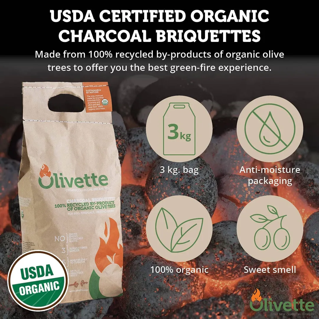 Olivette Organic Charcoal Briquette for Bbq | USDA Organic | 3kg