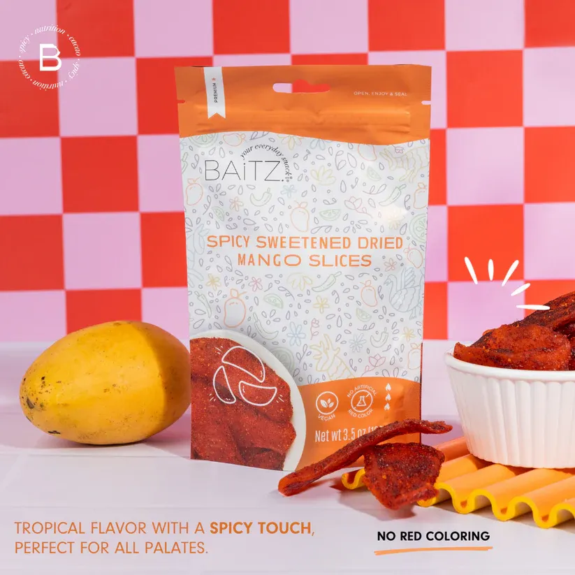 Baitz| Spicy Sweetened Dried Mango Slices 3.5 oz (3 PACK) | Naturally Sweet & Spicy Snack | No Artificial Red Color or Preservatives | Dried Fruit | 100% Natural