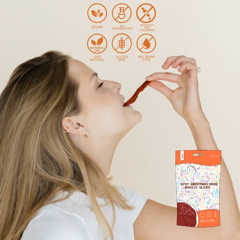 Baitz| Spicy Sweetened Dried Mango Slices 3.5 oz (3 PACK) | Naturally Sweet & Spicy Snack | No Artificial Red Color or Preservatives | Dried Fruit | 100% Natural