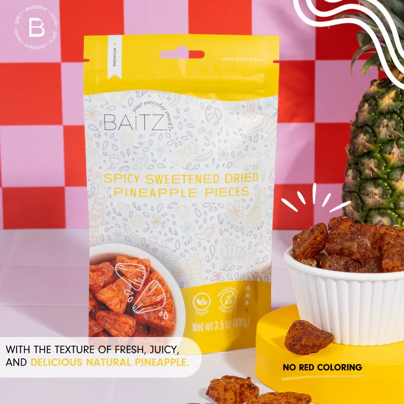 Baitz | Spicy Sweetened Dried Pineapple 3.5 oz (3 PACK) | Naturally Sweet & Spicy Snack | No Artificial Colors or Preservatives | Dried Fruit | 100% Natural
