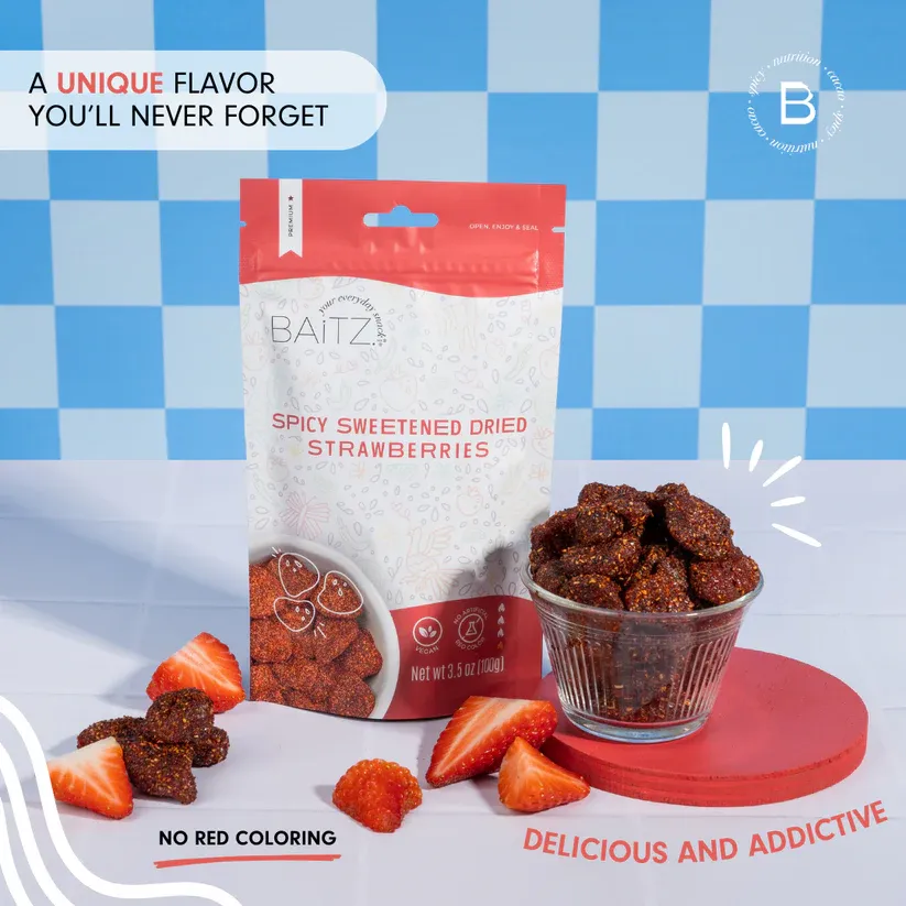 Baitz | Spicy Sweetened Dried Strawberries 3.5 oz (3 PACK) | Naturally Sweet & Spicy Snack | No Artificial Colors or Preservatives | Dried Fruit | 100% Natural