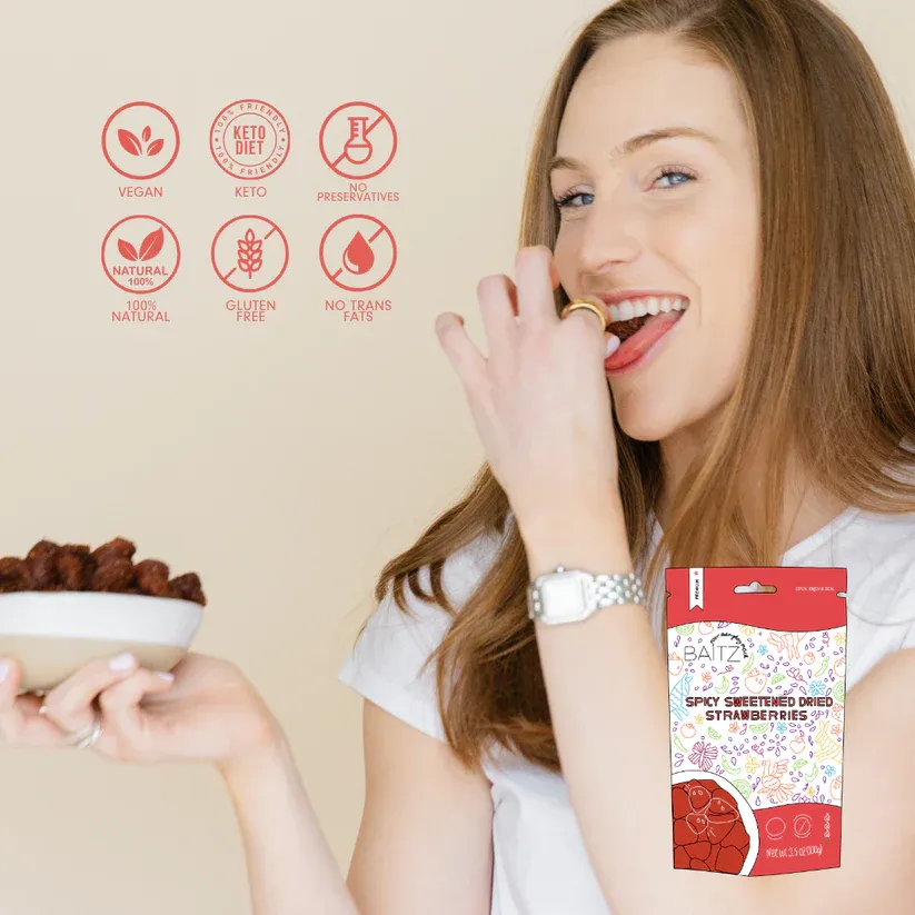 Baitz | Spicy Sweetened Dried Strawberries 3.5 oz (3 PACK) | Naturally Sweet & Spicy Snack | No Artificial Colors or Preservatives | Dried Fruit | 100% Natural