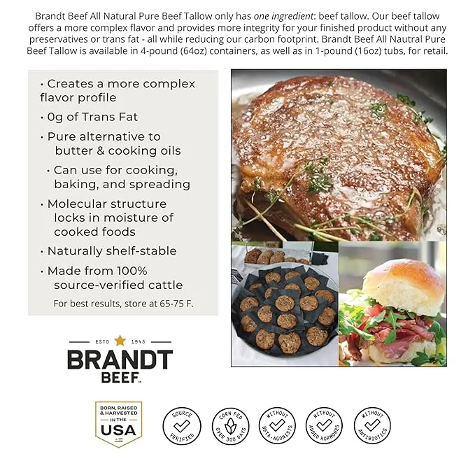 Brandt Beef Tallow - 64oz Tub - 100% Pure Beef Tallow for Cooking