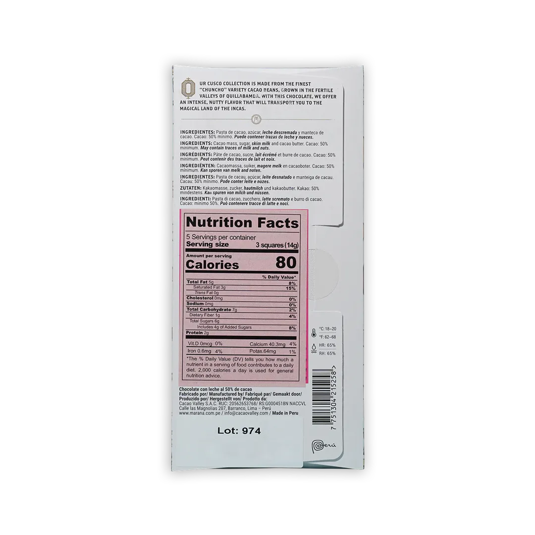 Marana Milk Chocolate Bar Cusco 50% (Peruvian Chocolate)
