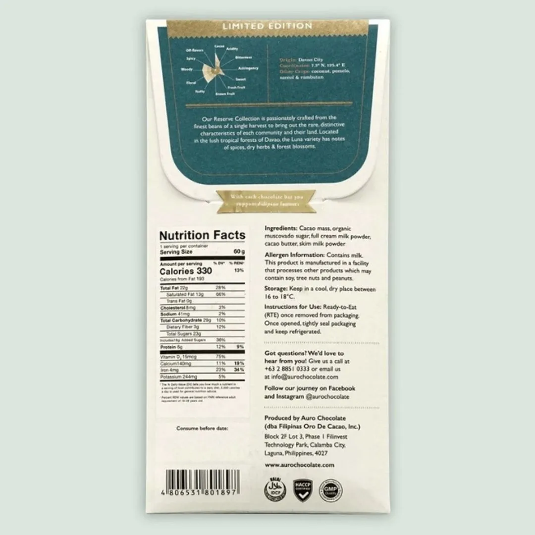 Auro Reserve Luna Dark Milk Chocolate Bar (Single Origin)
