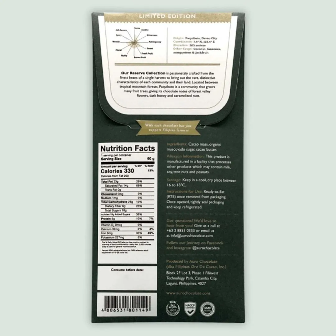 Auro Reserve Paquibato Dark Chocolate Bar 70% (Single Origin