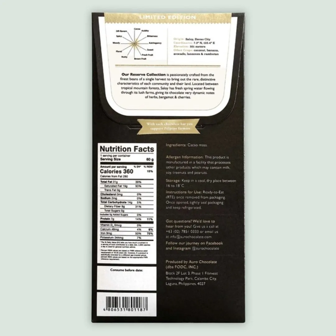 Auro Reserve Saloy Dark Chocolate Bar 100% (Single Origin)