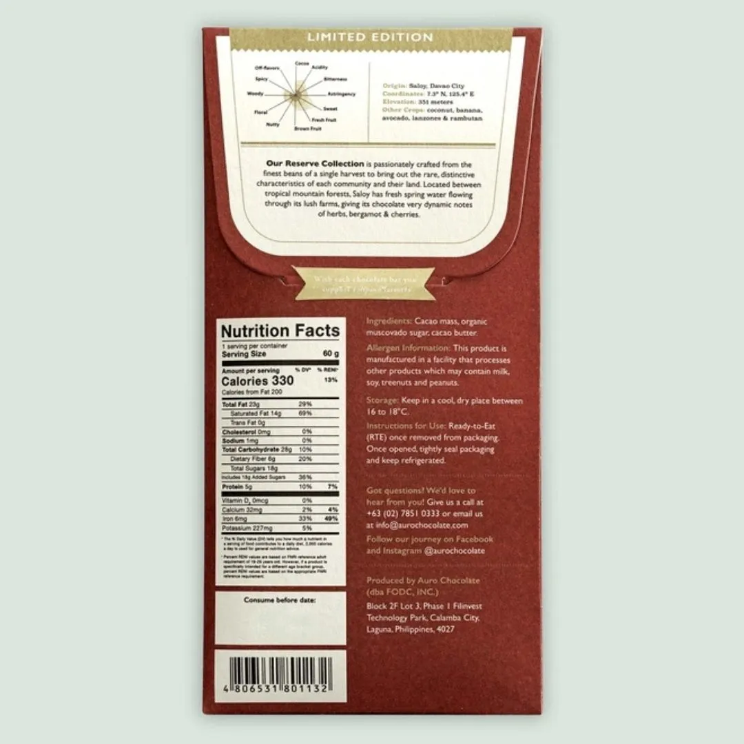 Auro Reserve Saloy Dark Chocolate Bar 70% (Single Origin)