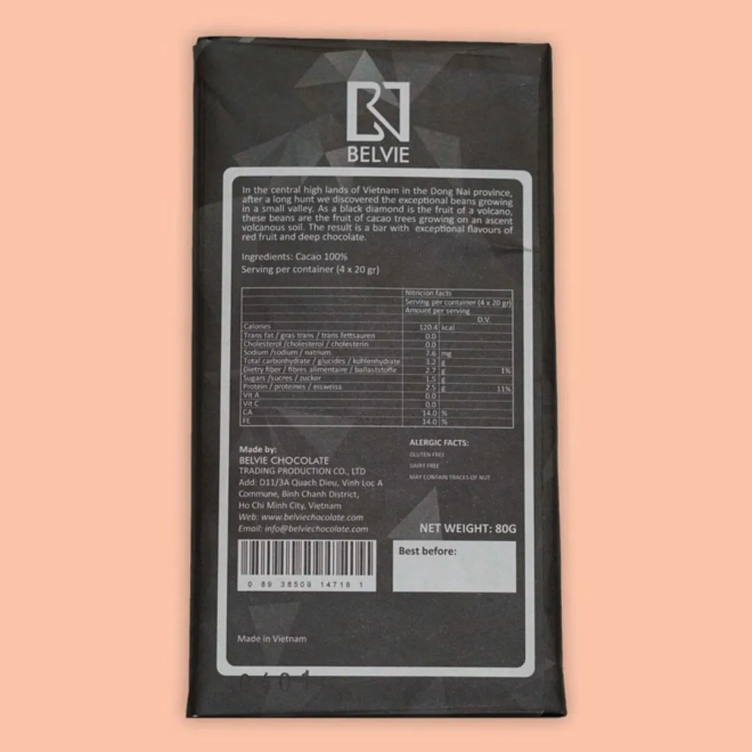 Belvie Dark Chocolate Bar Black Diamond 100%