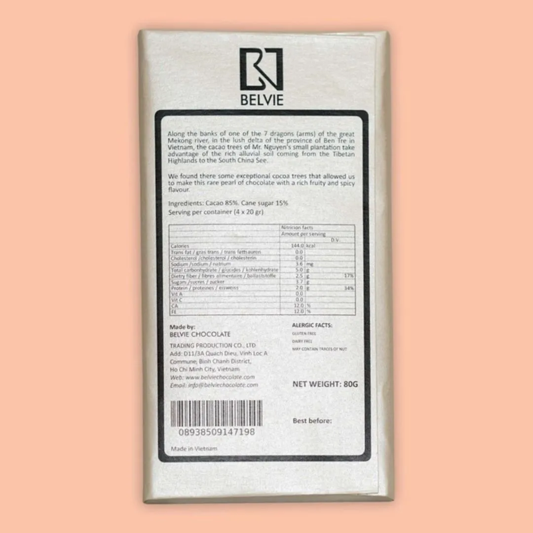 Belvie Dark Chocolate Bar Black Pearl 85% (Single Origin)