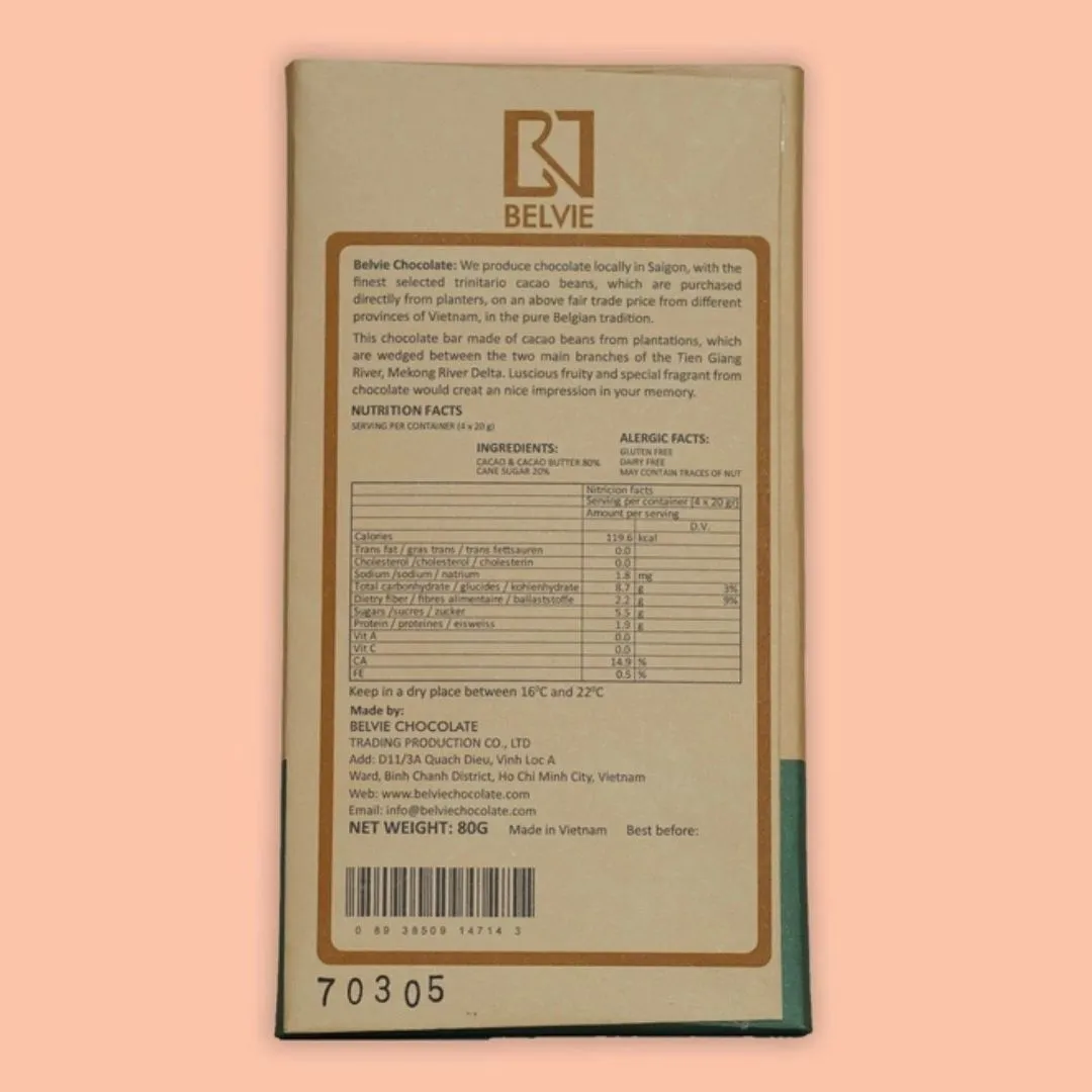Belvie Dark Chocolate Bar Hao Moc 80% (Single Origin)