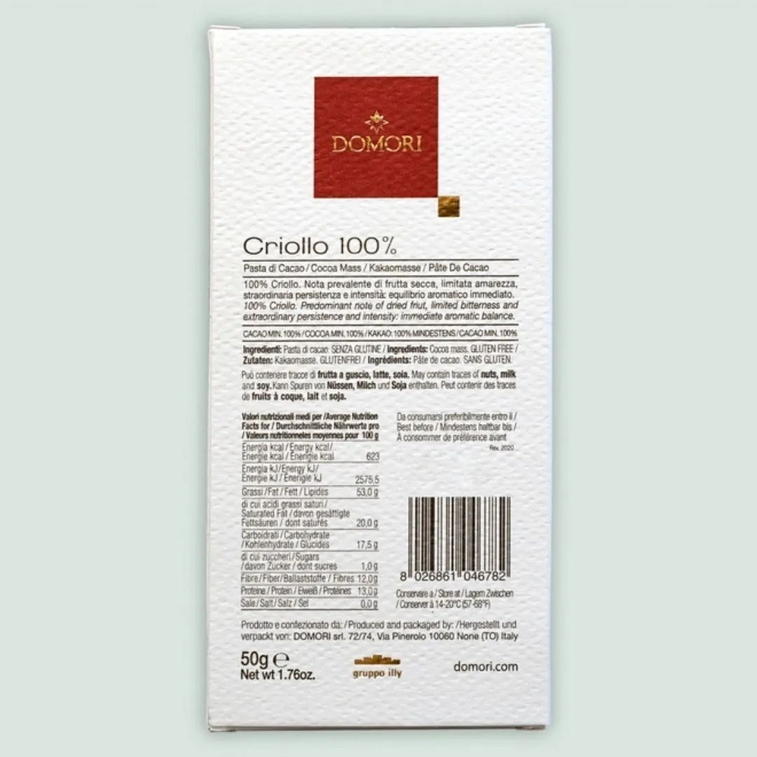 Domori Criollo Dark Chocolate Bar 100% (from Italy)