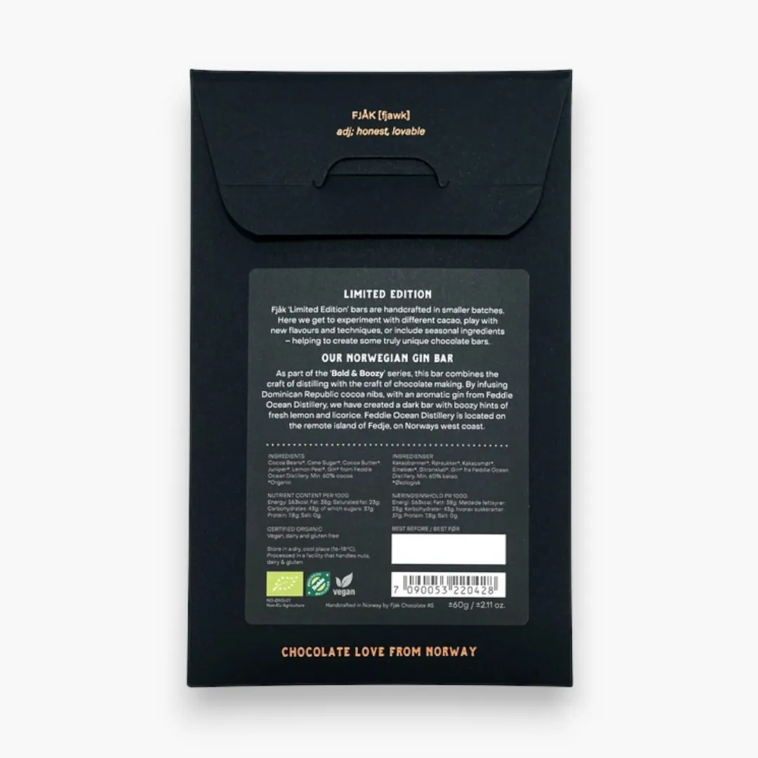 Fjak Dark Chocolate w/ Norwegian Gin 60% (Organic)
