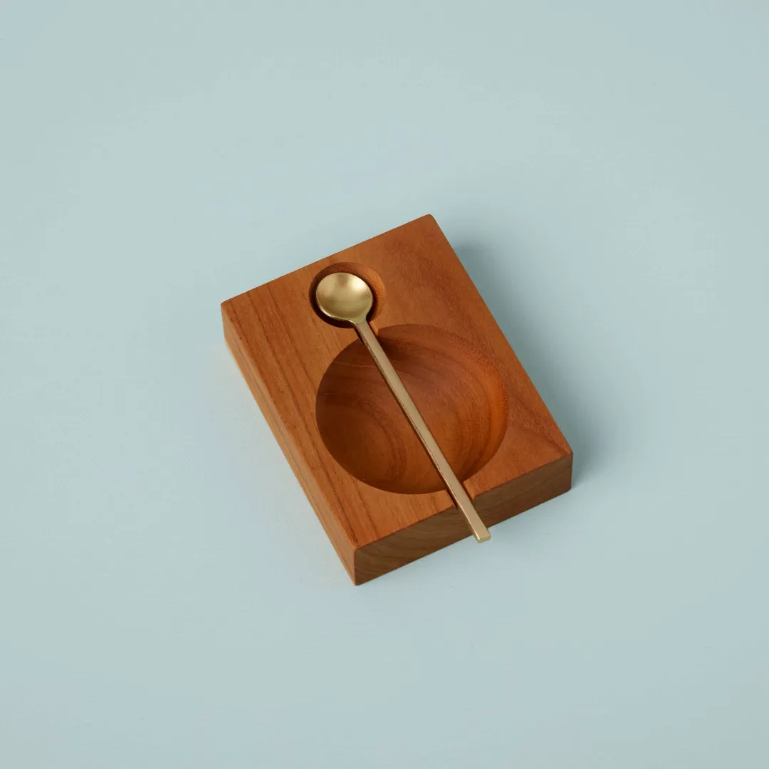 Teak Plank Spice Cellar with Gold Spoon