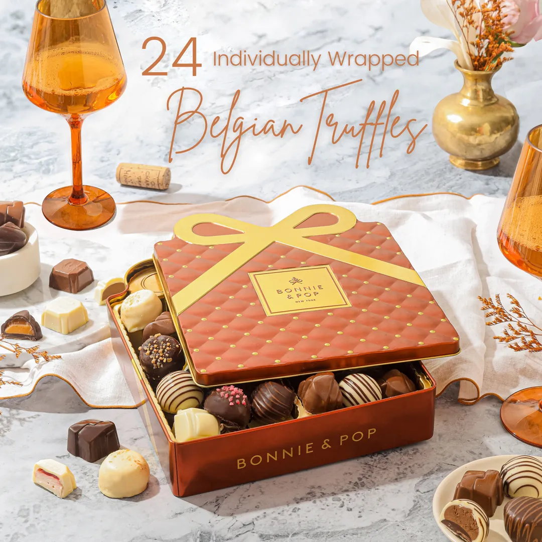 Gourmet Chocolate Gift Box – Elegant Bow Tin with Belgian Truffles- Copper