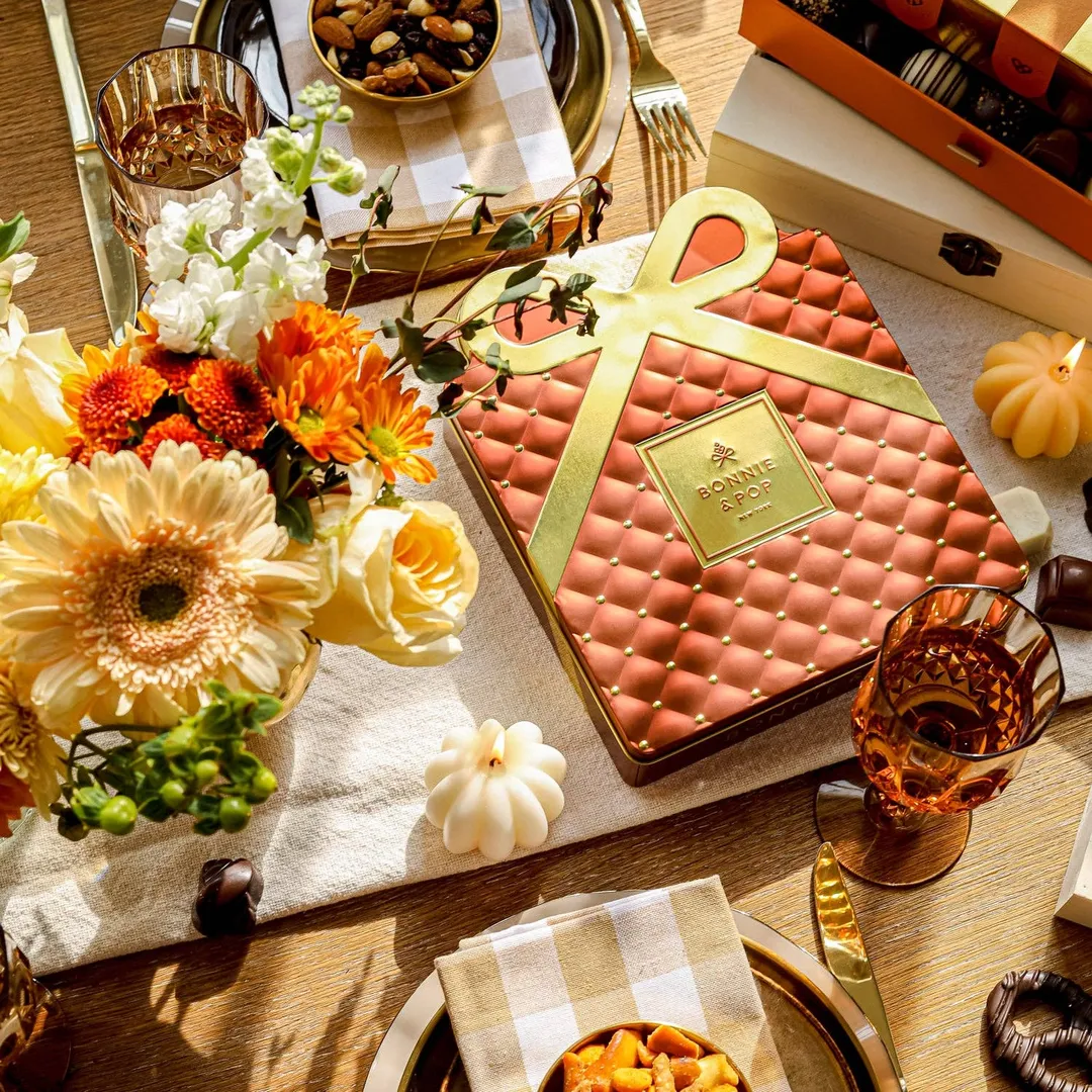 Gourmet Chocolate Gift Box – Elegant Bow Tin with Belgian Truffles- Copper