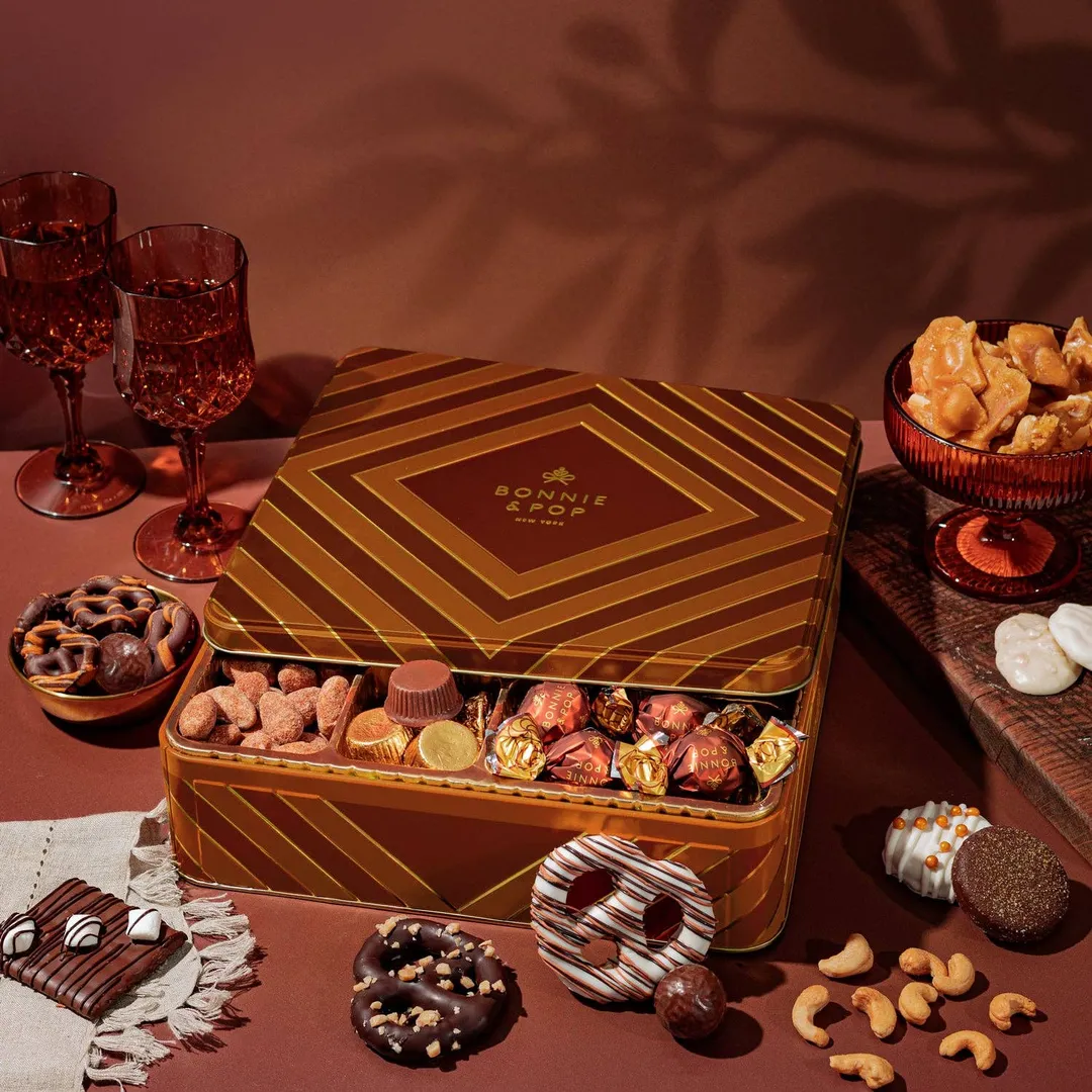Holiday Gift Basket –  Deluxe Thanksgiving Gift Box with Gourmet Chocolate & Nut Assortment in Gold Tin- Bonnie and Pop