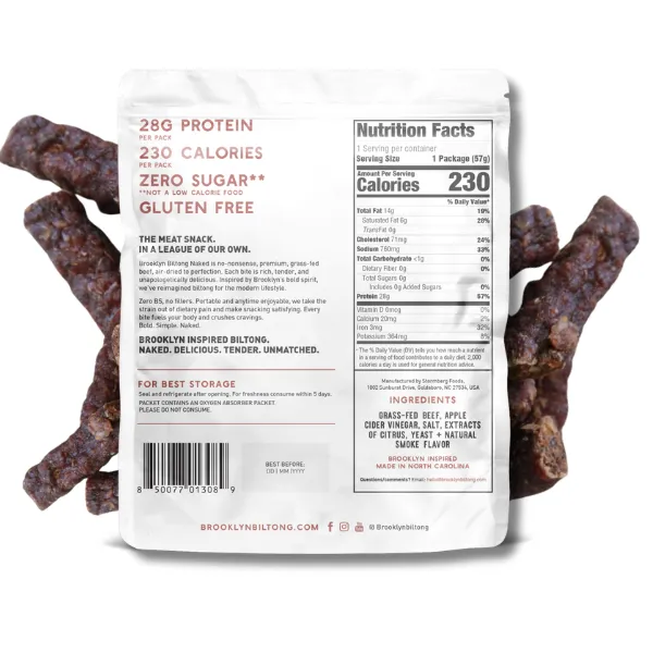 2oz Grass Fed Biltong Naked Skinny Sticks 