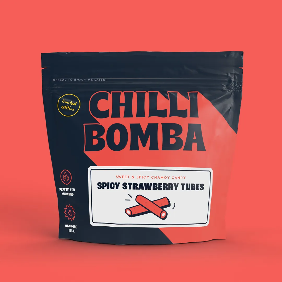 Chilli Bomba Spicy Strawberry Tubes Chili Chamoy Candy 8oz Bag / 12ct